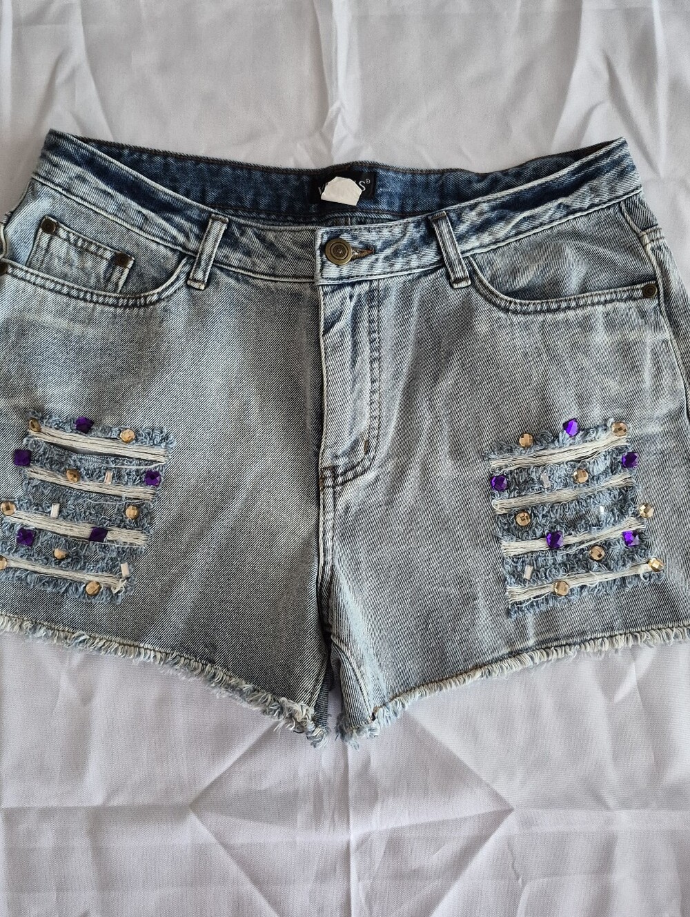 VENUS Light Blue Denim Shorts with Purple & Gold Stud Accents